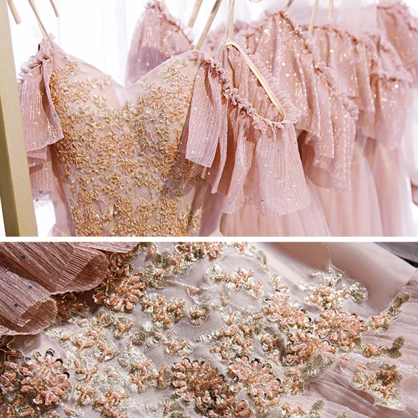 Fine Perle Rosa Brudepikekjoler 2020 Prinsesse Ryggløse Beading Glitter Tyll Lange Buste