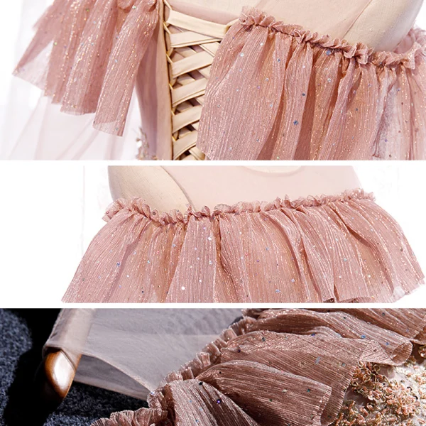 Fine Perle Rosa Brudepikekjoler 2020 Prinsesse Ryggløse Beading Glitter Tyll Lange Buste