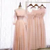 Chic / Beautiful Pearl Pink Bridesmaid Dresses 2020 A-Line / Princess Backless Sash Beading Glitter Tulle Floor-Length / Long Ruffle