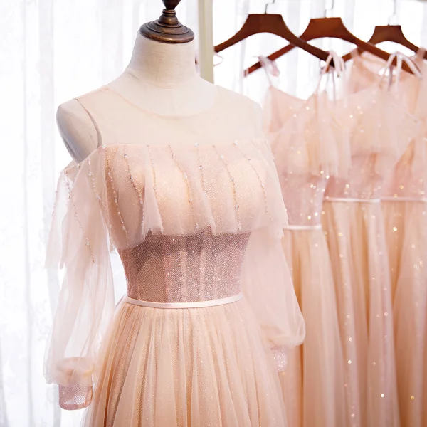 Fine Perle Rosa Brudepikekjoler 2020 Prinsesse Ryggløse Sash Beading Glitter Tyll Lange Buste