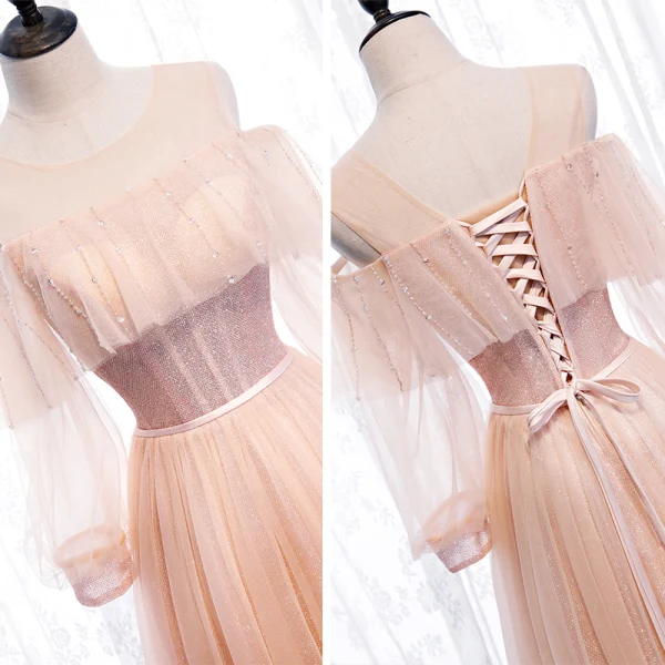 Fine Perle Rosa Brudepikekjoler 2020 Prinsesse Ryggløse Sash Beading Glitter Tyll Lange Buste
