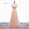 Chic / Beautiful Pearl Pink Bridesmaid Dresses 2020 A-Line / Princess Backless Sash Beading Glitter Tulle Floor-Length / Long Ruffle