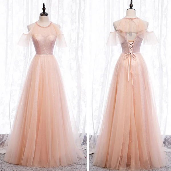 Fine Perle Rosa Brudepikekjoler 2020 Prinsesse Ryggløse Sash Beading Glitter Tyll Lange Buste