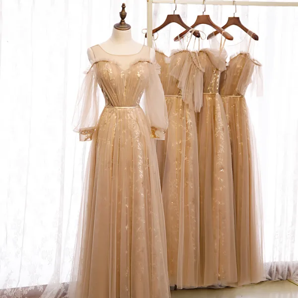 Elegant Brown Bridesmaid Dresses 2020 A-Line / Princess Backless Sash Star Appliques Lace Sequins Floor-Length / Long Ruffle