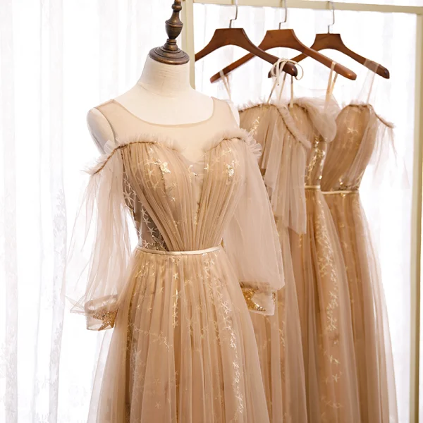 Élégant Marron Robe Demoiselle D'honneur 2020 Princesse Dos Nu Ceinture Étoile Appliques En Dentelle Paillettes Longue Volants