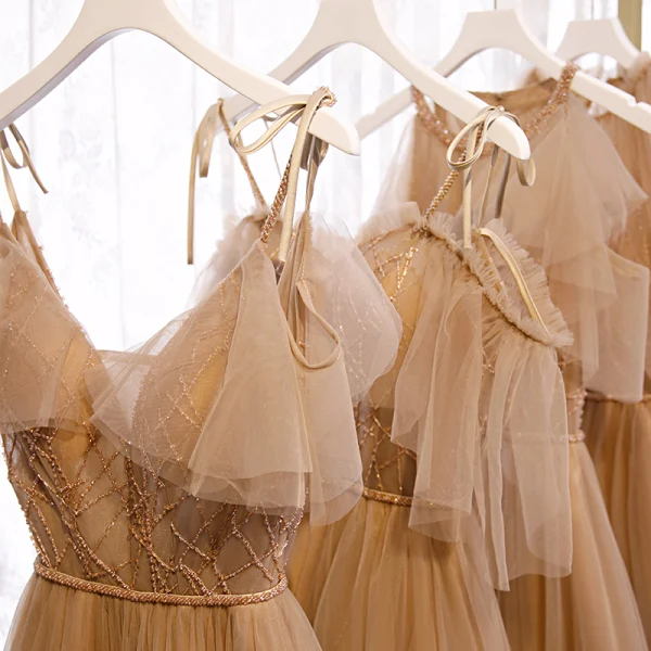 Élégant Marron Robe Demoiselle D'honneur 2020 Princesse Dos Nu Ceinture Étoile Appliques En Dentelle Paillettes Longue Volants