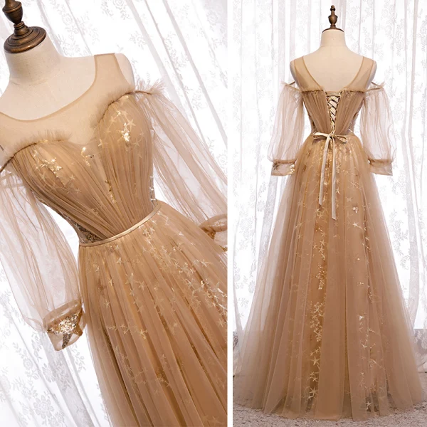 Élégant Marron Robe Demoiselle D'honneur 2020 Princesse Dos Nu Ceinture Étoile Appliques En Dentelle Paillettes Longue Volants