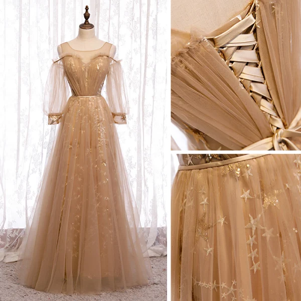 Élégant Marron Robe Demoiselle D'honneur 2020 Princesse Dos Nu Ceinture Étoile Appliques En Dentelle Paillettes Longue Volants