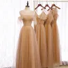 Elegant Brown Bridesmaid Dresses 2020 A-Line / Princess Short Sleeve Backless Rhinestone Floor-Length / Long Ruffle