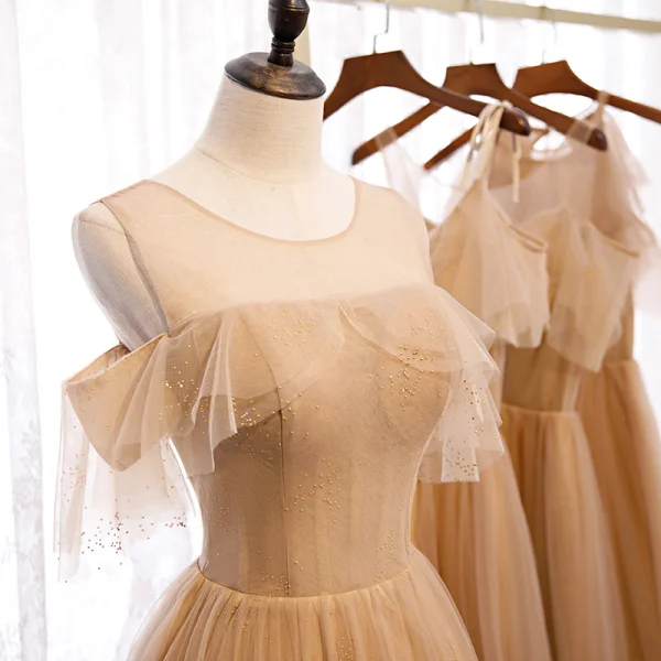Elegant Brown Bridesmaid Dresses 2020 A-Line / Princess Short Sleeve Backless Rhinestone Floor-Length / Long Ruffle