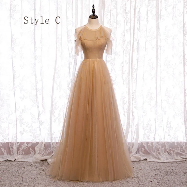 Elegant Brown Bridesmaid Dresses 2020 A-Line / Princess Short Sleeve Backless Rhinestone Floor-Length / Long Ruffle