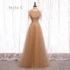 Elegant Brown Bridesmaid Dresses 2020 A-Line / Princess Short Sleeve Backless Rhinestone Floor-Length / Long Ruffle