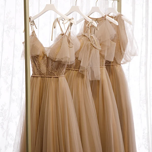 Chic Beautiful Brown Bridesmaid Dresses 2020 A-Line Princess Short Sleeve Backless Sash