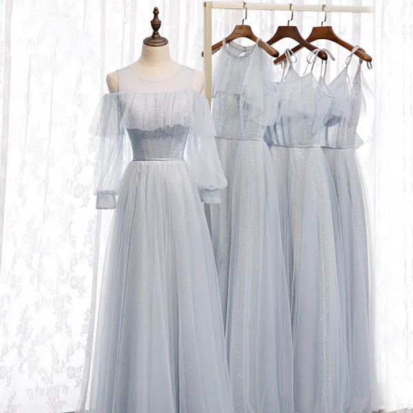 grey glitter bridesmaid dresses V-Neck Sliver Spaghetti Straps Glitter Wedding Guest Dress with Split main image 1