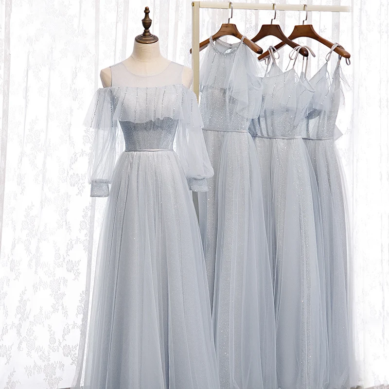 Chic / Beautiful Grey Bridesmaid Dresses 2020 A-Line / Princess Backless  Beading Glitter Tulle Floor-Length / Long Ruffle