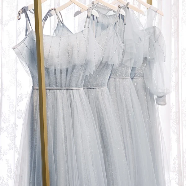 Chic / Beautiful Grey Bridesmaid Dresses 2020 A-Line / Princess Backless Beading Glitter Tulle Floor-Length / Long Ruffle