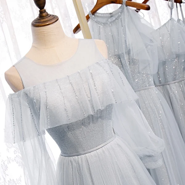 Chic / Beautiful Grey Bridesmaid Dresses 2020 A-Line / Princess Backless Beading Glitter Tulle Floor-Length / Long Ruffle