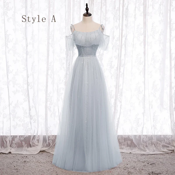 Chic / Beautiful Grey Bridesmaid Dresses 2020 A-Line / Princess Backless Beading Glitter Tulle Floor-Length / Long Ruffle