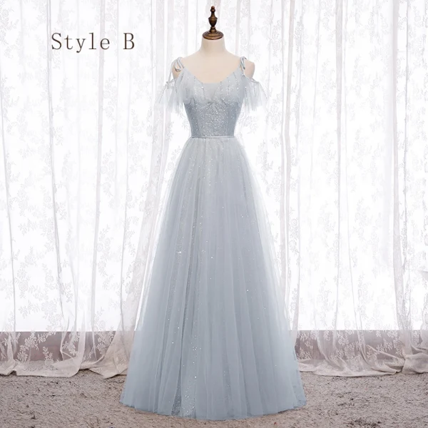 Chic / Beautiful Grey Bridesmaid Dresses 2020 A-Line / Princess Backless Beading Glitter Tulle Floor-Length / Long Ruffle