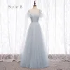 Chic / Beautiful Grey Bridesmaid Dresses 2020 A-Line / Princess Backless Beading Glitter Tulle Floor-Length / Long Ruffle