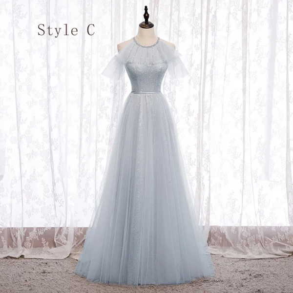 Chic / Beautiful Grey Bridesmaid Dresses 2020 A-Line / Princess Backless Beading Glitter Tulle Floor-Length / Long Ruffle