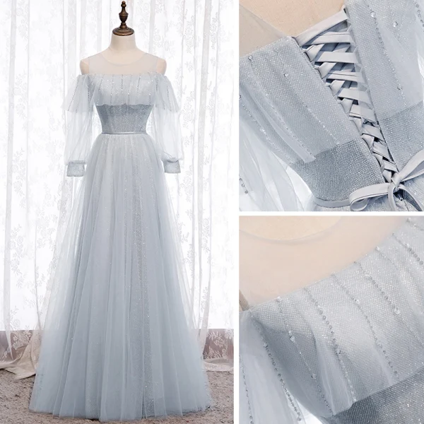 Chic / Beautiful Grey Bridesmaid Dresses 2020 A-Line / Princess Backless Beading Glitter Tulle Floor-Length / Long Ruffle