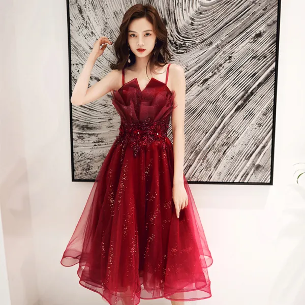 Chic / Beautiful Burgundy Cocktail Dresses 2020 A-Line / Princess Spaghetti Straps Sleeveless Appliques Lace Beading Sequins Tea-length Ruffle Backless Formal Dresses