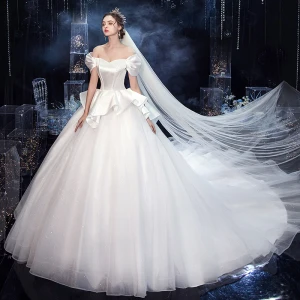 Vintage Originale Blanche La Mariée Robe De Mariée 2020 Robe Boule De L 039 Épaule Manches Courtes Dos Nu Glitter Tulle Cathedral Train Volants