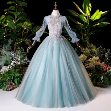 Victorian Style Pool Blue Dancing Prom Dresses 2020 Ball Gown High Neck Puffy Long Sleeve Appliques Lace Beading Pearl Floor Length Long Ruffle Backless