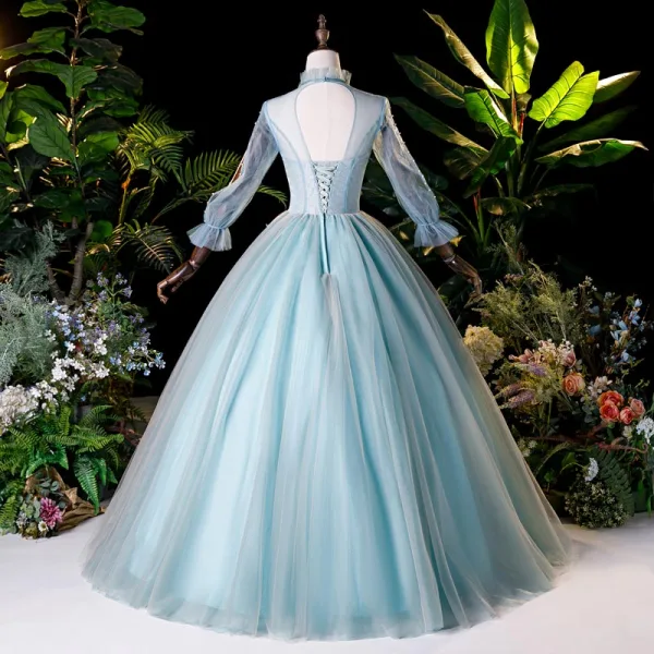 Victorian Style Pool Blue Dancing Prom Dresses 2020 Ball Gown High Neck Puffy Long Sleeve Appliques Lace Beading Pearl Floor-Length / Long Ruffle Backless