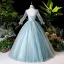 Victorian Style Pool Blue Dancing Prom Dresses 2020 Ball Gown High Neck Puffy Long Sleeve Appliques Lace Beading Pearl Floor-Length / Long Ruffle Backless