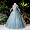 Victorian Style Pool Blue Dancing Prom Dresses 2020 Ball Gown High Neck Puffy Long Sleeve Appliques Lace Beading Pearl Floor-Length / Long Ruffle Backless