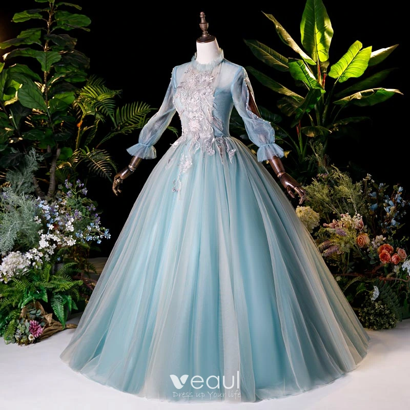 Victorian Style Pool Blue Dancing Prom Dresses 2020 Ball Gown High Neck Puffy Long Sleeve Appliques Lace Beading Pearl Floor-Length / Long Ruffle
