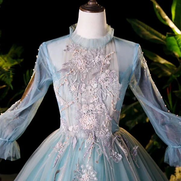 Victorian Style Pool Blue Dancing Prom Dresses 2020 Ball Gown High Neck Puffy Long Sleeve Appliques Lace Beading Pearl Floor-Length / Long Ruffle Backless