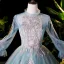 Victorian Style Pool Blue Dancing Prom Dresses 2020 Ball Gown High Neck Puffy Long Sleeve Appliques Lace Beading Pearl Floor-Length / Long Ruffle Backless