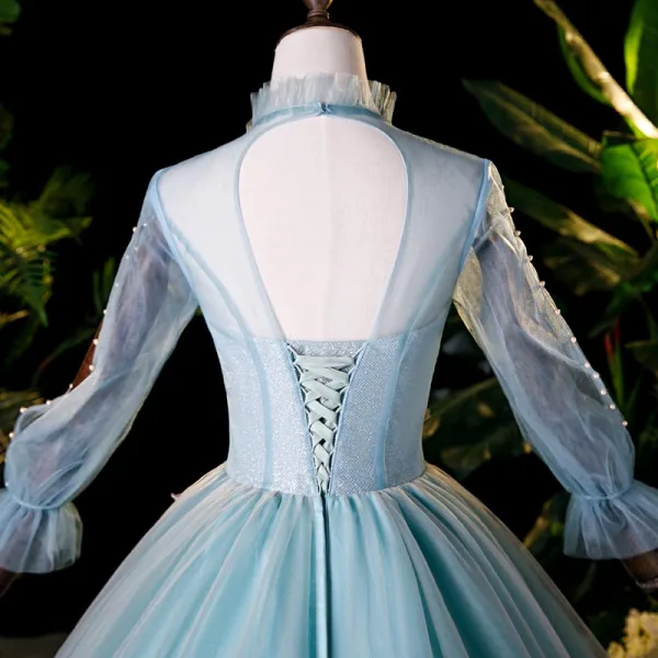 Victorian Style Pool Blue Dancing Prom Dresses 2020 Ball Gown High Neck Puffy Long Sleeve Appliques Lace Beading Pearl Floor-Length / Long Ruffle Backless