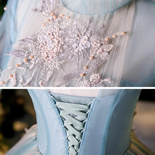 Victorian Style Pool Blue Dancing Prom Dresses 2020 Ball Gown High Neck Puffy Long Sleeve Appliques Lace Beading Pearl Floor-Length / Long Ruffle Backless