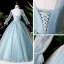 Victorian Style Pool Blue Dancing Prom Dresses 2020 Ball Gown High Neck Puffy Long Sleeve Appliques Lace Beading Pearl Floor-Length / Long Ruffle Backless