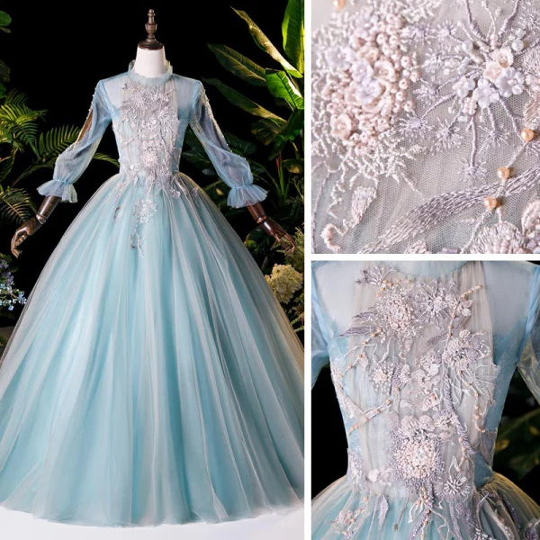 Victorian Style Pool Blue Dancing Prom Dresses 2020 Ball Gown High Neck Puffy Long Sleeve Appliques Lace Beading Pearl Floor-Length / Long Ruffle Backless