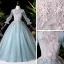 Victorian Style Pool Blue Dancing Prom Dresses 2020 Ball Gown High Neck Puffy Long Sleeve Appliques Lace Beading Pearl Floor-Length / Long Ruffle Backless
