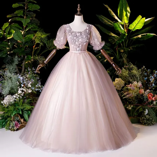 Vintage / Retro Blushing Pink Dancing Prom Dresses 2020 Ball Gown Square Neckline Puffy Short Sleeve Appliques Lace Beading Pearl Floor-Length / Long Ruffle Backless