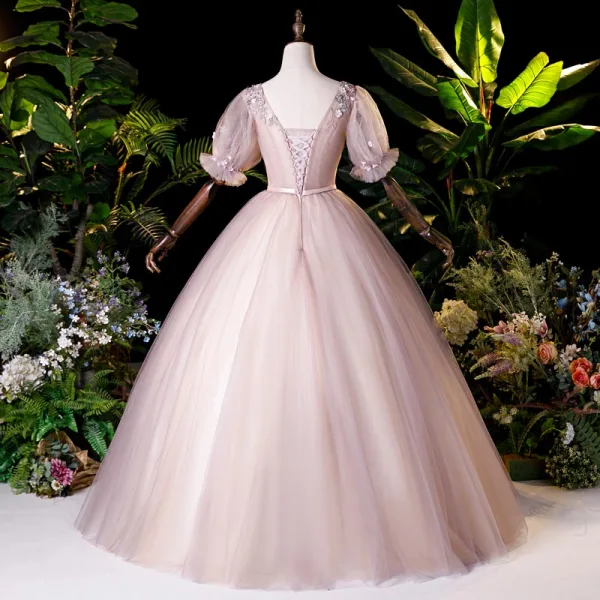 Vintage / Retro Blushing Pink Dancing Prom Dresses 2020 Ball Gown Square Neckline Puffy Short Sleeve Appliques Lace Beading Pearl Floor-Length / Long Ruffle Backless