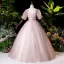 Vintage / Retro Blushing Pink Dancing Prom Dresses 2020 Ball Gown Square Neckline Puffy Short Sleeve Appliques Lace Beading Pearl Floor-Length / Long Ruffle Backless
