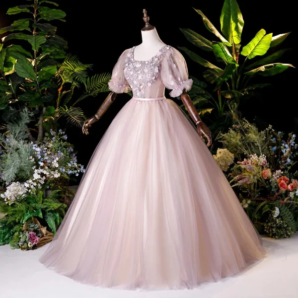 Vintage / Retro Blushing Pink Dancing Prom Dresses 2020 Ball Gown Square Neckline Puffy Short Sleeve Appliques Lace Beading Pearl Floor-Length / Long Ruffle Backless