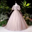 Vintage / Retro Blushing Pink Dancing Prom Dresses 2020 Ball Gown Square Neckline Puffy Short Sleeve Appliques Lace Beading Pearl Floor-Length / Long Ruffle Backless