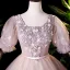 Vintage / Retro Blushing Pink Dancing Prom Dresses 2020 Ball Gown Square Neckline Puffy Short Sleeve Appliques Lace Beading Pearl Floor-Length / Long Ruffle Backless