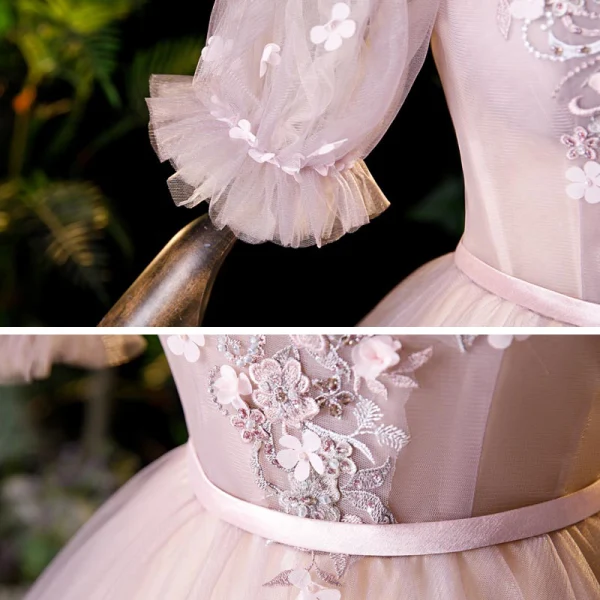 Vintage / Retro Blushing Pink Dancing Prom Dresses 2020 Ball Gown Square Neckline Puffy Short Sleeve Appliques Lace Beading Pearl Floor-Length / Long Ruffle Backless