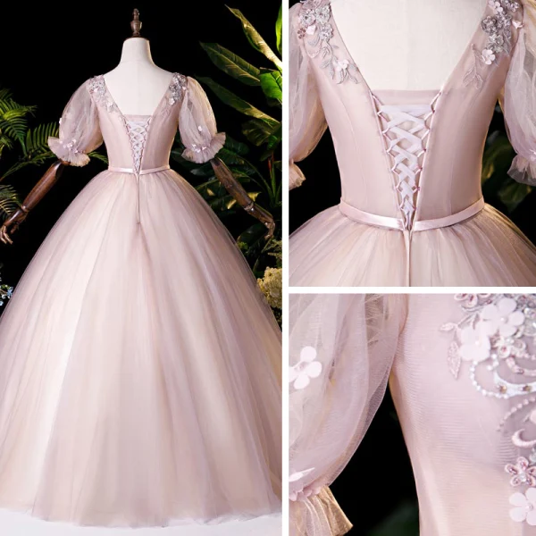 Vintage / Retro Blushing Pink Dancing Prom Dresses 2020 Ball Gown Square Neckline Puffy Short Sleeve Appliques Lace Beading Pearl Floor-Length / Long Ruffle Backless