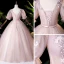 Vintage / Retro Blushing Pink Dancing Prom Dresses 2020 Ball Gown Square Neckline Puffy Short Sleeve Appliques Lace Beading Pearl Floor-Length / Long Ruffle Backless