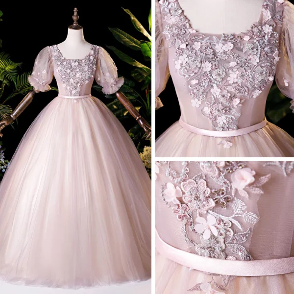 Vintage / Retro Blushing Pink Dancing Prom Dresses 2020 Ball Gown Square Neckline Puffy Short Sleeve Appliques Lace Beading Pearl Floor-Length / Long Ruffle Backless